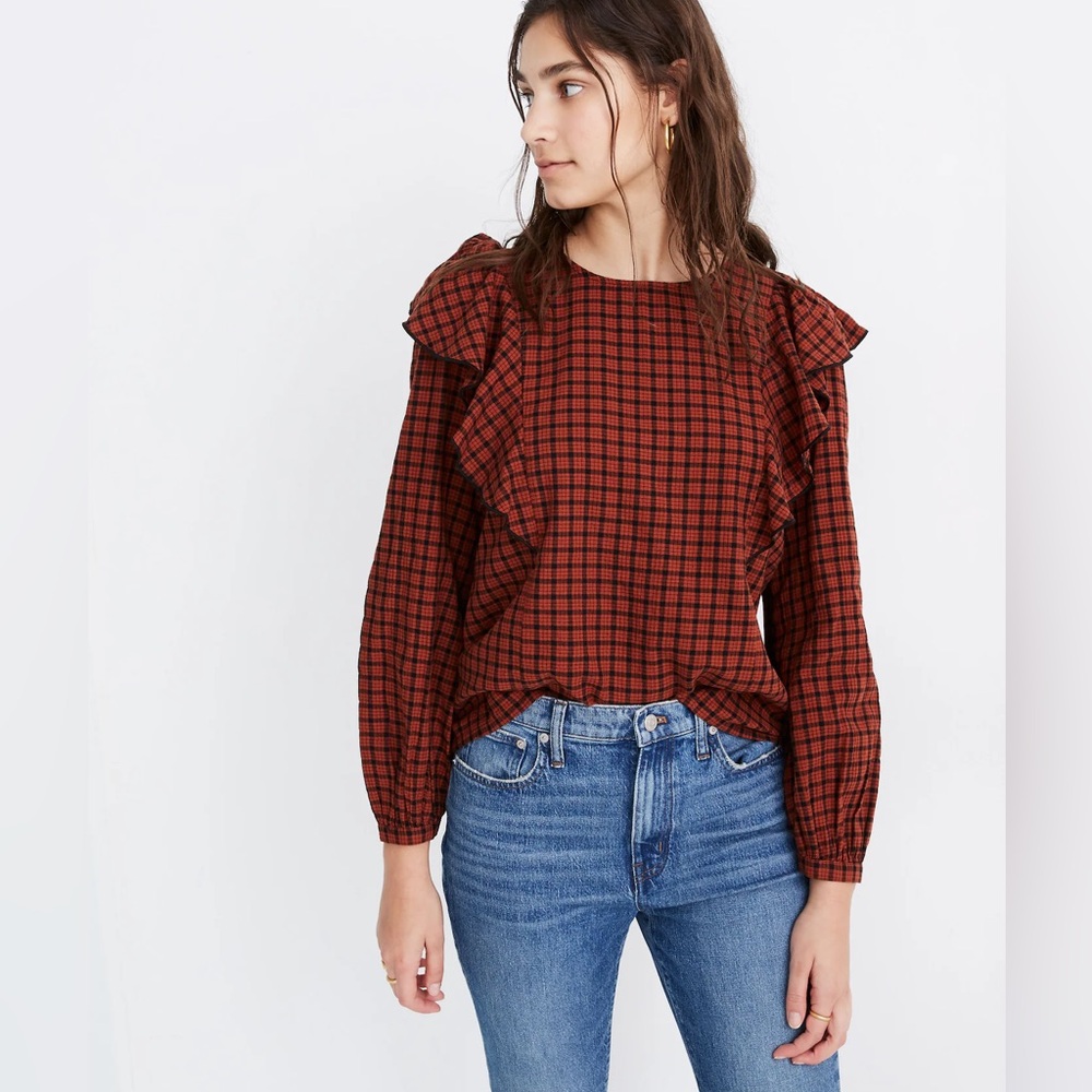 NWOT Madewell Ruffle-Front Plaid Top In Warren Check Faded Rust Women’s Medium